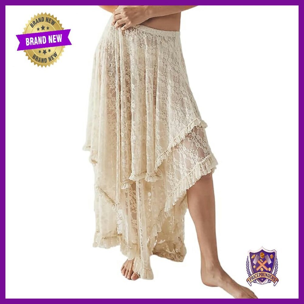 Lace Maxi Skirt Elastic Waist Asymmetrical Layered See-Through